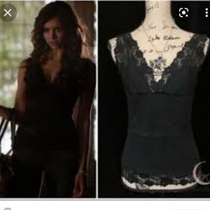 Bebe v-neck lace tank ASO Katherine Pierce in blue